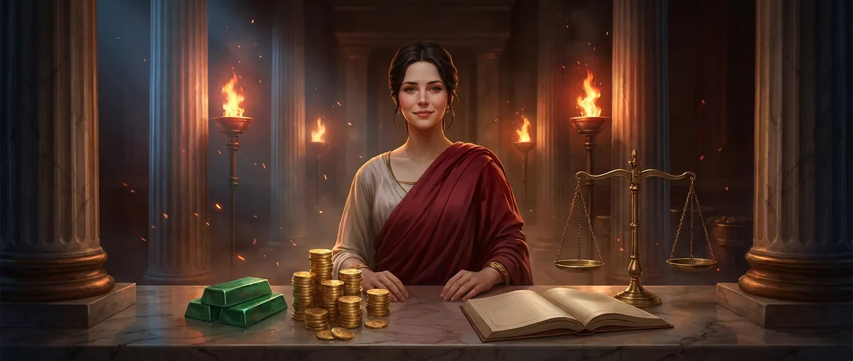 Una donna romana al banco di marmo con monete d'oro, bilancia e libro aperto