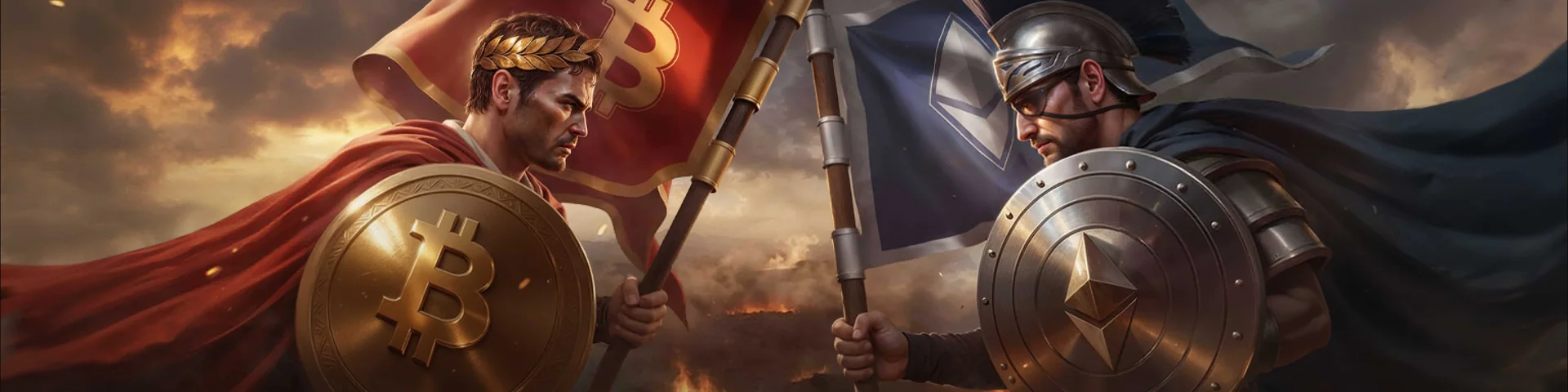Cezar z tarczą Bitcoin naprzeciw legionisty z niebieskim sztandarem