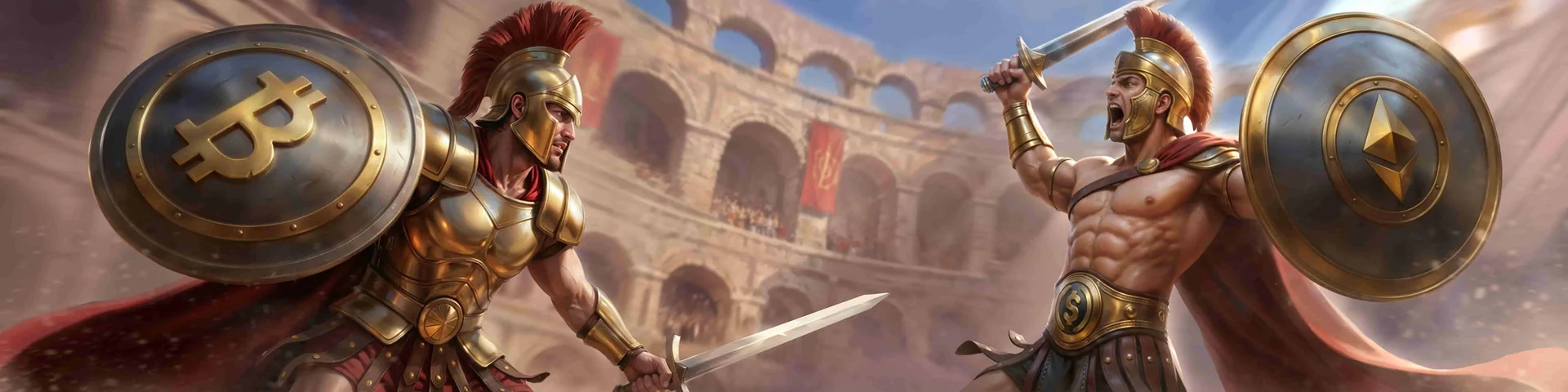 Due gladiatori con scudi Bitcoin ed Ethereum nell'arena